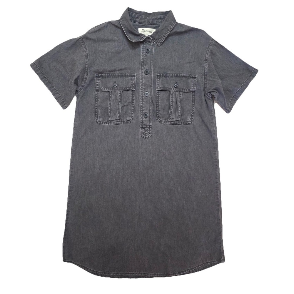 Madewell Popover Shirt Dress XS‎ Black Denim Short Sleeve Relaxed Utility Beach - Picture 4 of 10